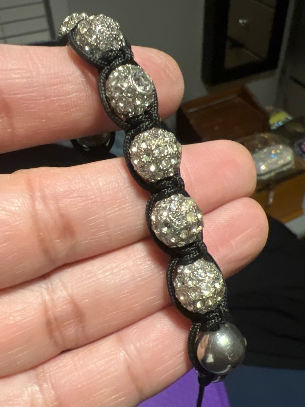 Clear Crystal Pave Bead Bracelet on Black Cord